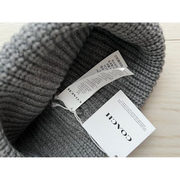 Coach Patch Logo Rib Knit Cuff Beanie Hat Dove Grey